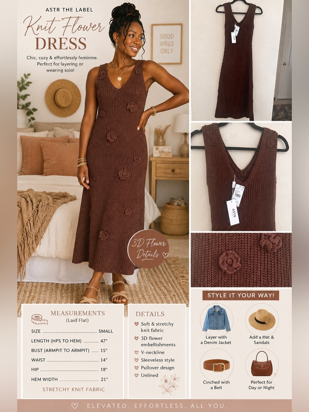 NWT ASTR The Label Brown 3D Floral Knit Maxi Dress Size Small